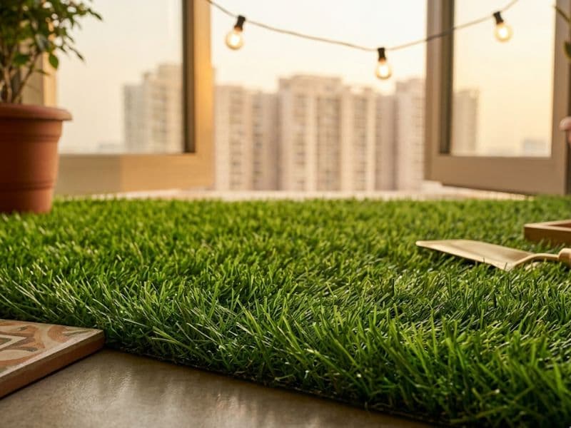 Artificial grass installed on a Noida apartment balcony by Inner Space Creation