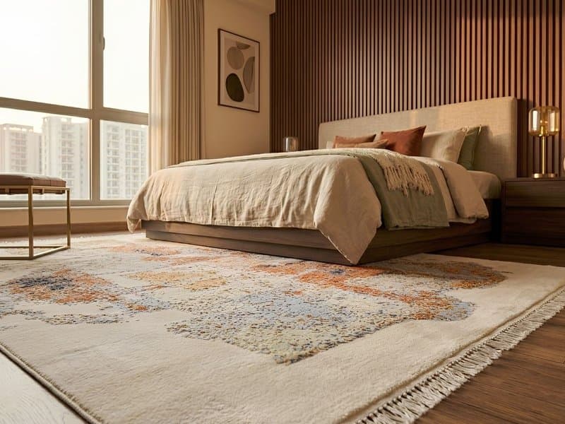 Premium carpet installation in a Noida bedroom by Inner Space Creation