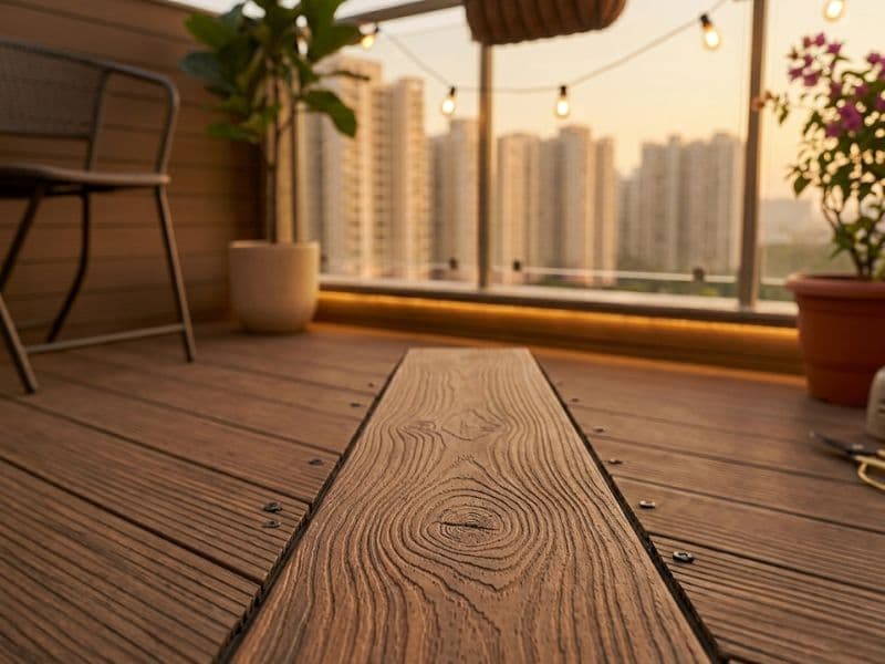 Composite decking on a Noida terrace with outdoor seating by Inner Space Creation
