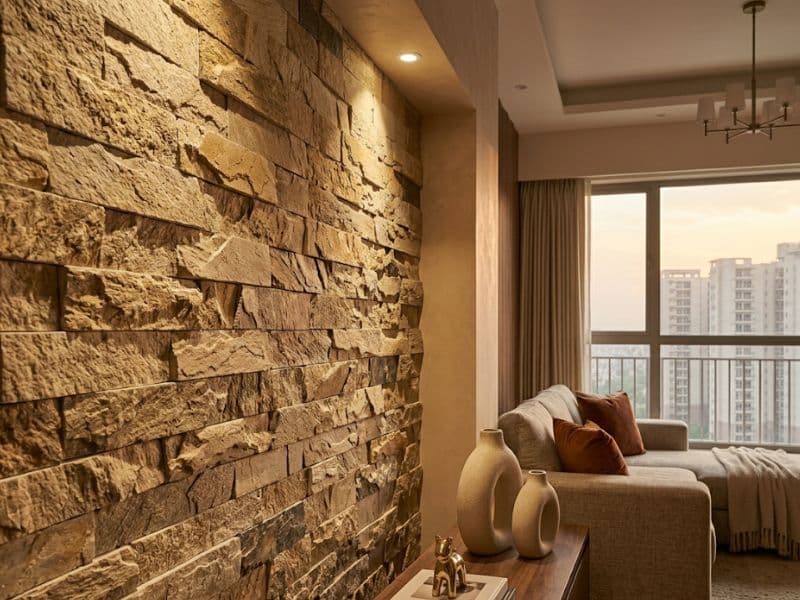Stone wall cladding in a Noida living room by Inner Space Creation
